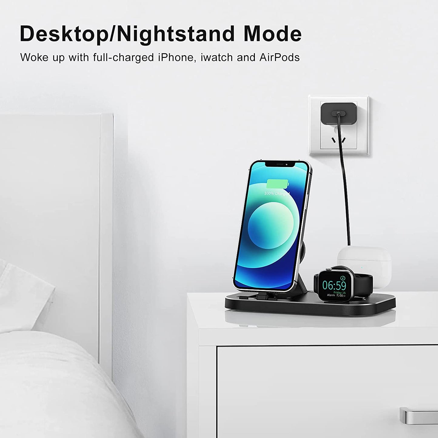 Charging Station for Multiple Devices Apple, 3 in 1 Charging Dock for Iphone/Airpods Series, Portable Charging Stand for Iwatch Series 8/Ultra/7/6/5/4/3/2/1/Se(With 15W Adapter and Cable) Black